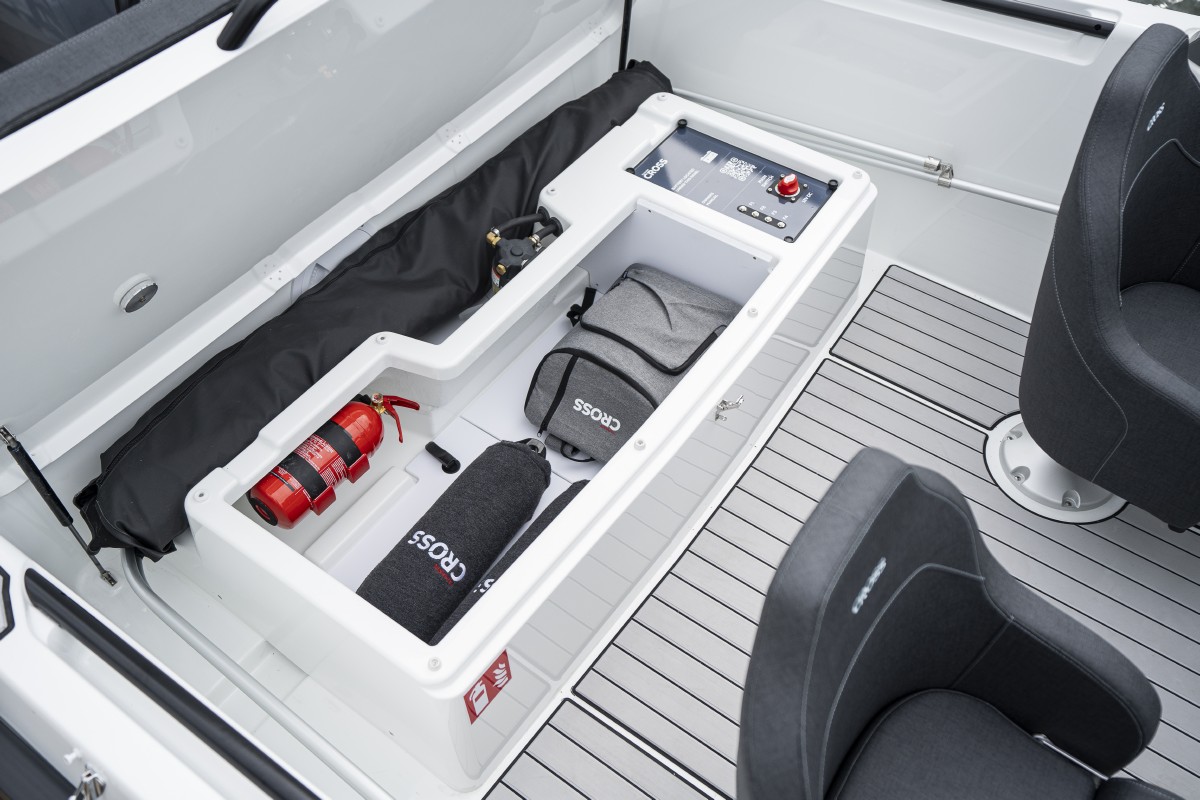 Storage under the back seat of the Yamarin Cross 55 Bow Rider